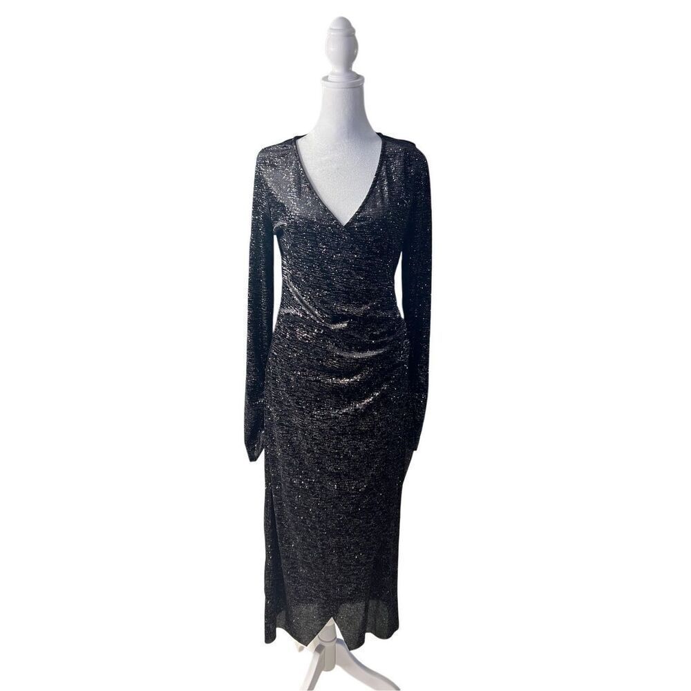 Misa Los Angeles Women's Setarah Metallic Faux-Wrap Midi Dress Large NWT